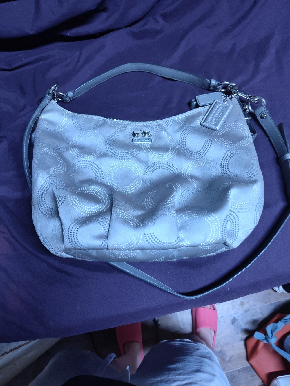 Coach Light Gray Signature Shoulder Bag with Detachable Strap